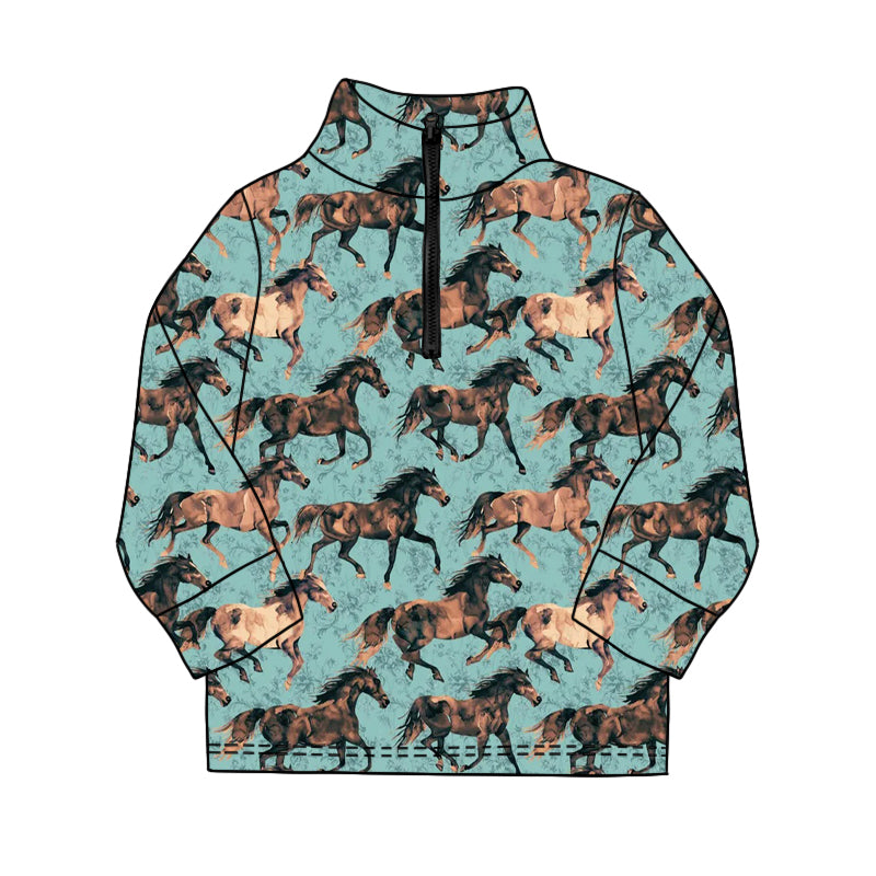 MOQ 5 PCS preorder BT1599 Horse Blue Green Zip Collar Long Sleeve Boys Top 202511
