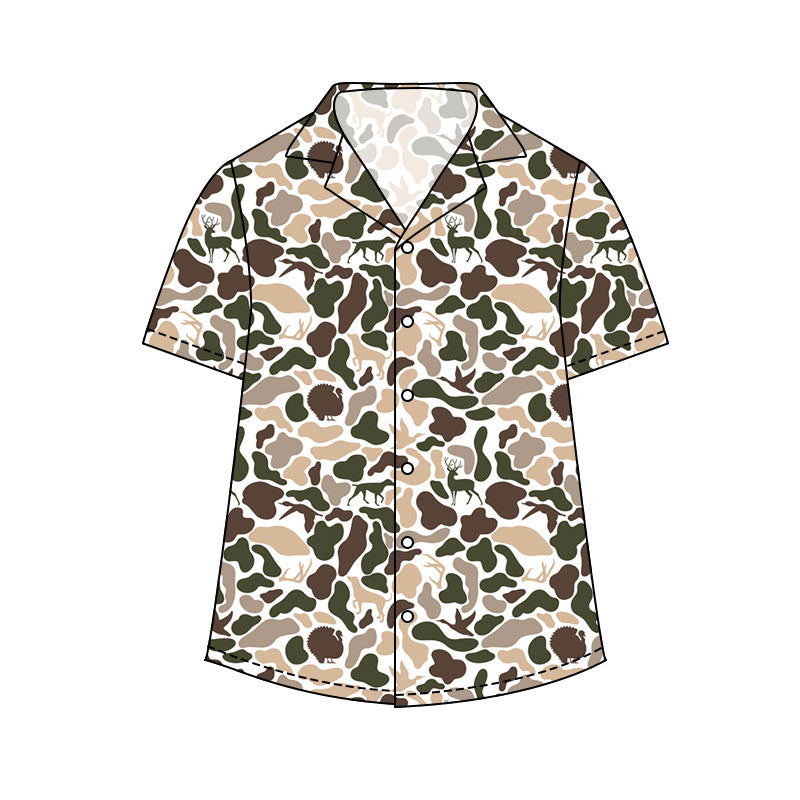 NO MOQ Preorder BT1612 Adult Male Puppy Deer Duck Beige Green Camouflage Buttons Short Sleeve Top 202511
