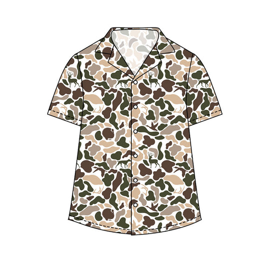 NO MOQ Preorder BT1612 Adult Male Puppy Deer Duck Beige Green Camouflage Buttons Short Sleeve Top 202511