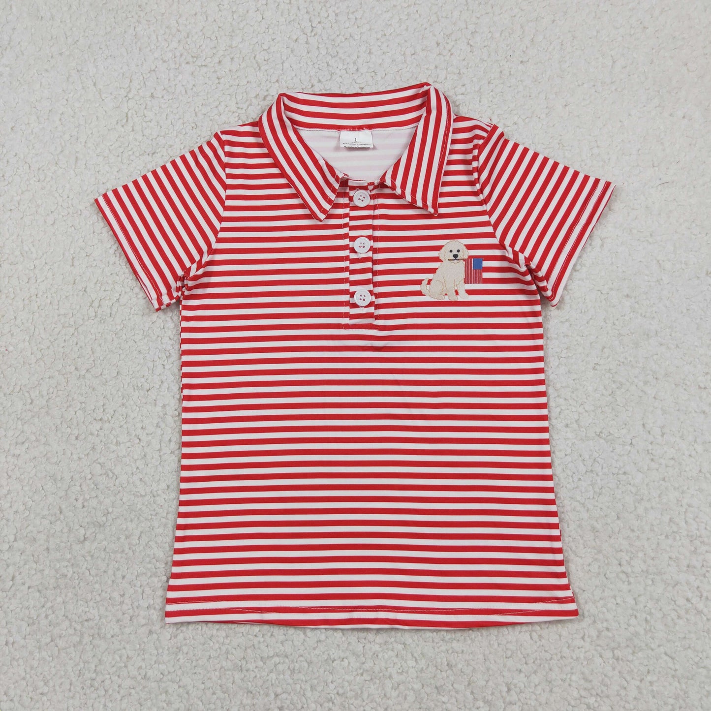 BT1619 4th of July Puppy Flag Red Stripe Polo Short Sleeve Boys Top 202605 RTS