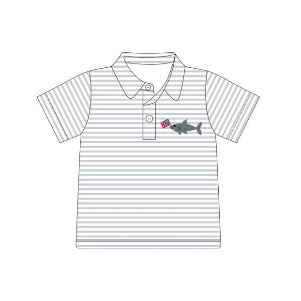 MOQ 5 PCS preorder BT1622 4th of July Flag Fish Gray Stripe Polo Short Sleeve Boys Top 202511