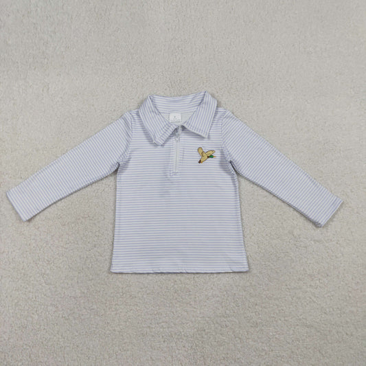 BT1638 Embroidered Duck Light Blue Stripe Zip Collar Long Sleeve Boys Top 202601 RTS