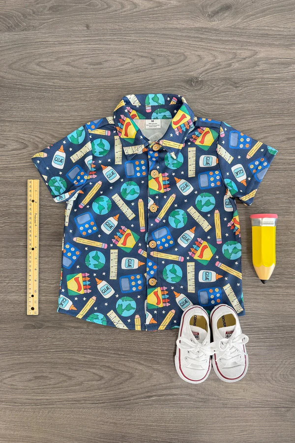 MOQ 5 PCS preorder BT1652 Back to School Earth Crayon Pencil Ruler Blue Polo Buttons Short Sleeve Boys Top 202512