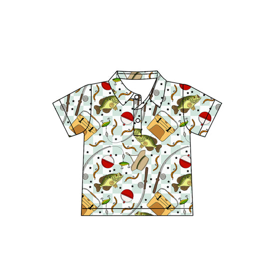 MOQ 5 PCS preorder BT1662 Fishing Toolbox Star Pattern Green Plaid Polo Short Sleeve Boys Top 202512