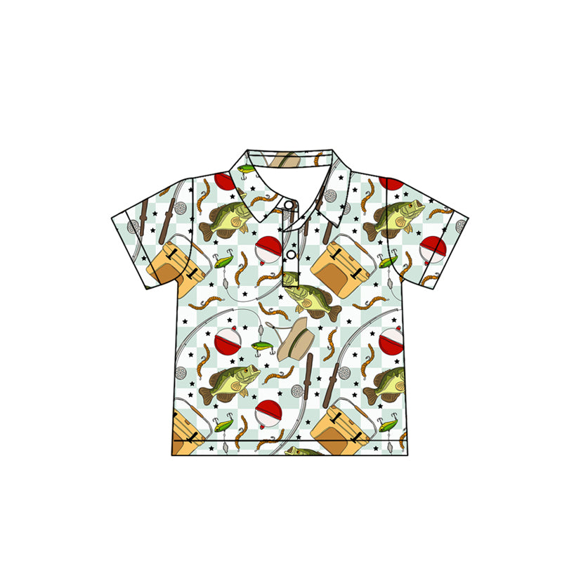 MOQ 5 PCS preorder BT1662 Fishing Toolbox Star Pattern Green Plaid Polo Short Sleeve Boys Top 202512