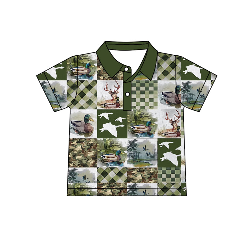 MOQ 5 PCS preorder BT1669 Deer Duck Hunting Plaid Dark Green Polo Short Sleeve Boys Top 202512