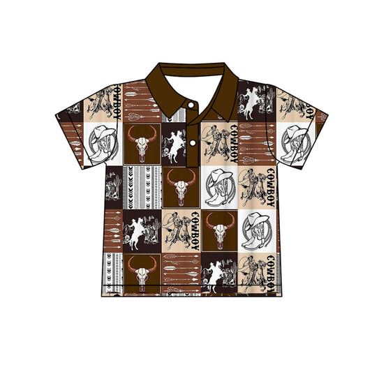 MOQ 5 PCS preorder BT1670 Riding Horse Plaid Brown Polo Short Sleeve Boys Top 202512