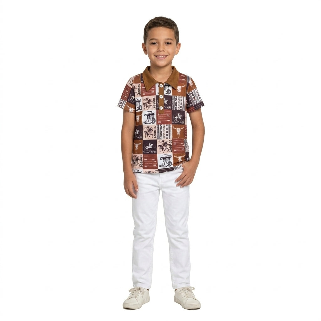 BT1670 Western Cowboy Brown Kids Boys Polo Shirt Top