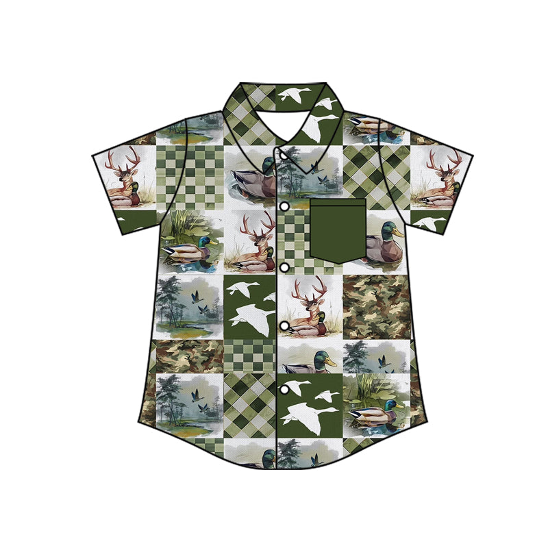 MOQ 5 PCS preorder BT1671 Deer Duck Hunting Plaid Dark Green Polo Buttons Short Sleeve Boys Top 202512