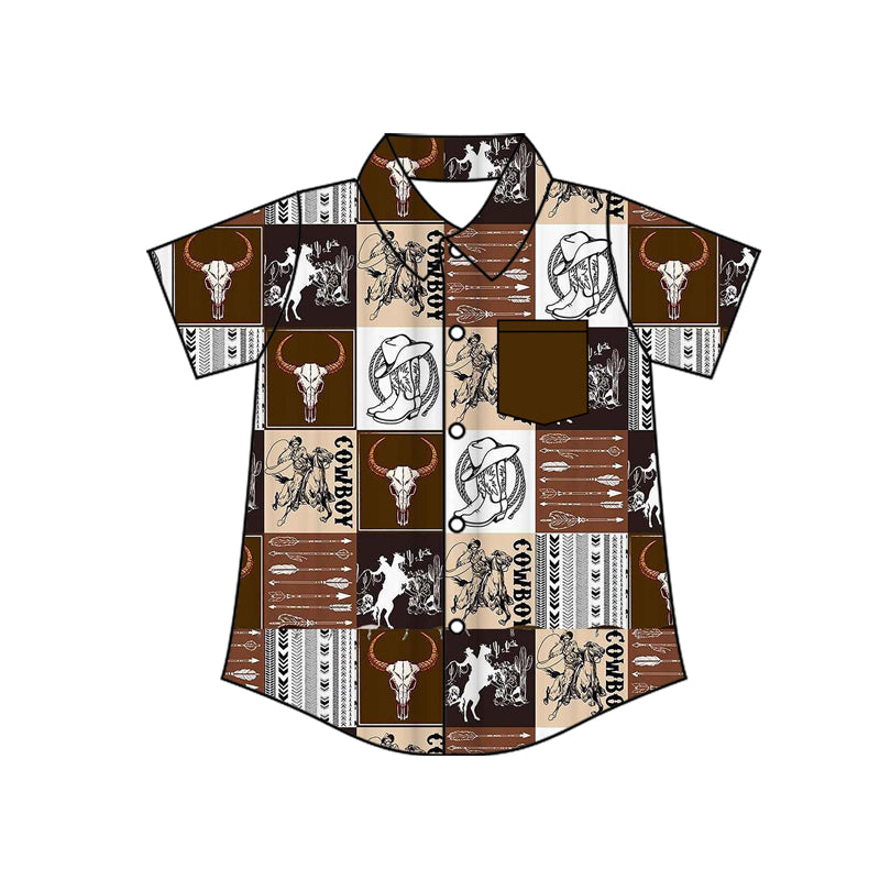 MOQ 5 PCS preorder BT1672 Riding Horse Plaid Brown Polo Buttons Short Sleeve Boys Top 202512