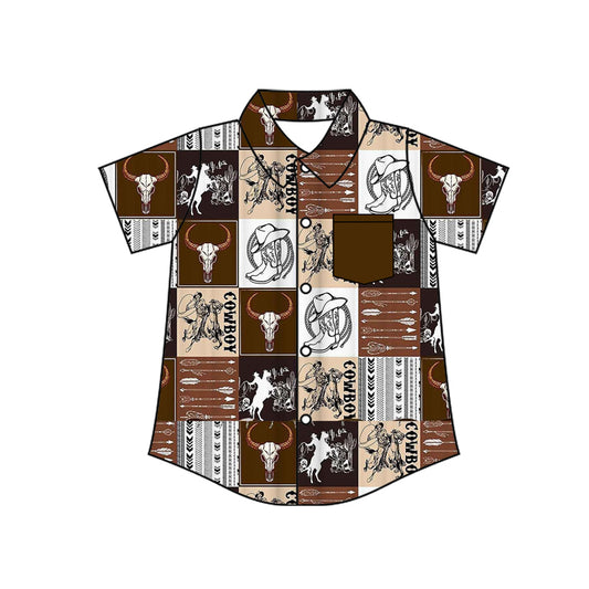 MOQ 5 PCS preorder BT1672 Riding Horse Plaid Brown Polo Buttons Short Sleeve Boys Top 202512