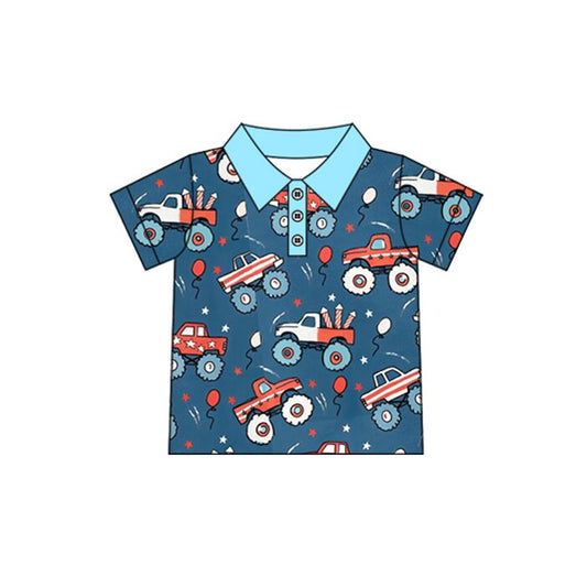 MOQ 5 PCS preorder BT1675 4th of July Star Balloon Fireworks Trucks Blue Polo Short Sleeve Boys Top 202512