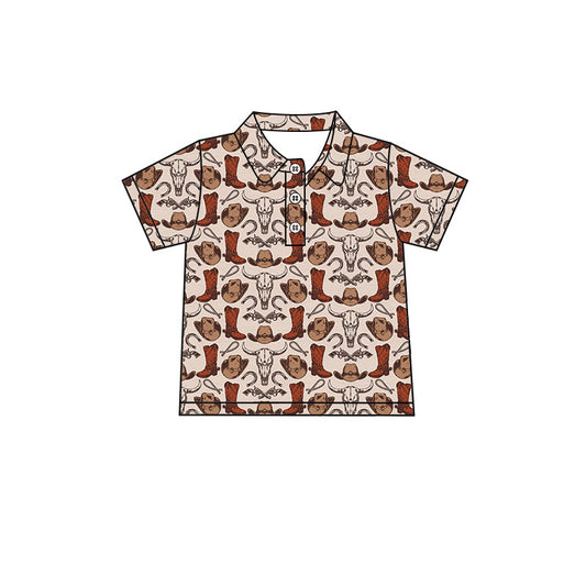 MOQ 5 PCS preorder BT1678 Highland Cow Hat Boots Brown Polo Short Sleeve Boys Top 202512