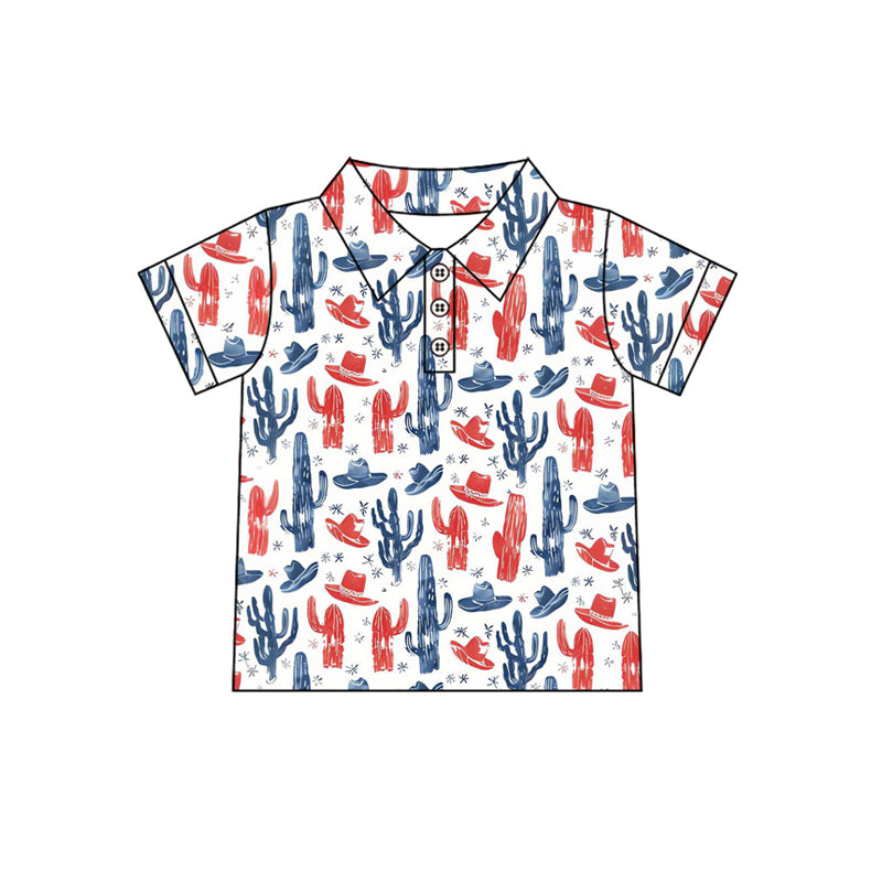 MOQ 5 PCS preorder BT1681 4th of July Cowboy Red Blue Hat Cactus White Polo Short Sleeve Boys Top 202512