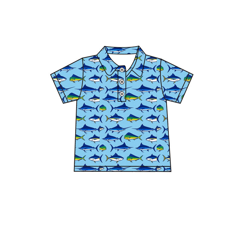 MOQ 5 PCS preorder BT1682 Fish Pattern Blue Polo Short Sleeve Boys Top 202512