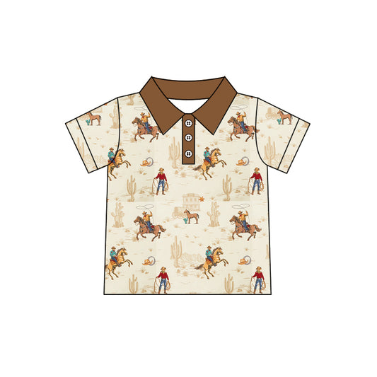 MOQ 5 PCS preorder BT1685 Cowboy Horse Riding Beige Brown Polo Short Sleeve Boys Top 202512