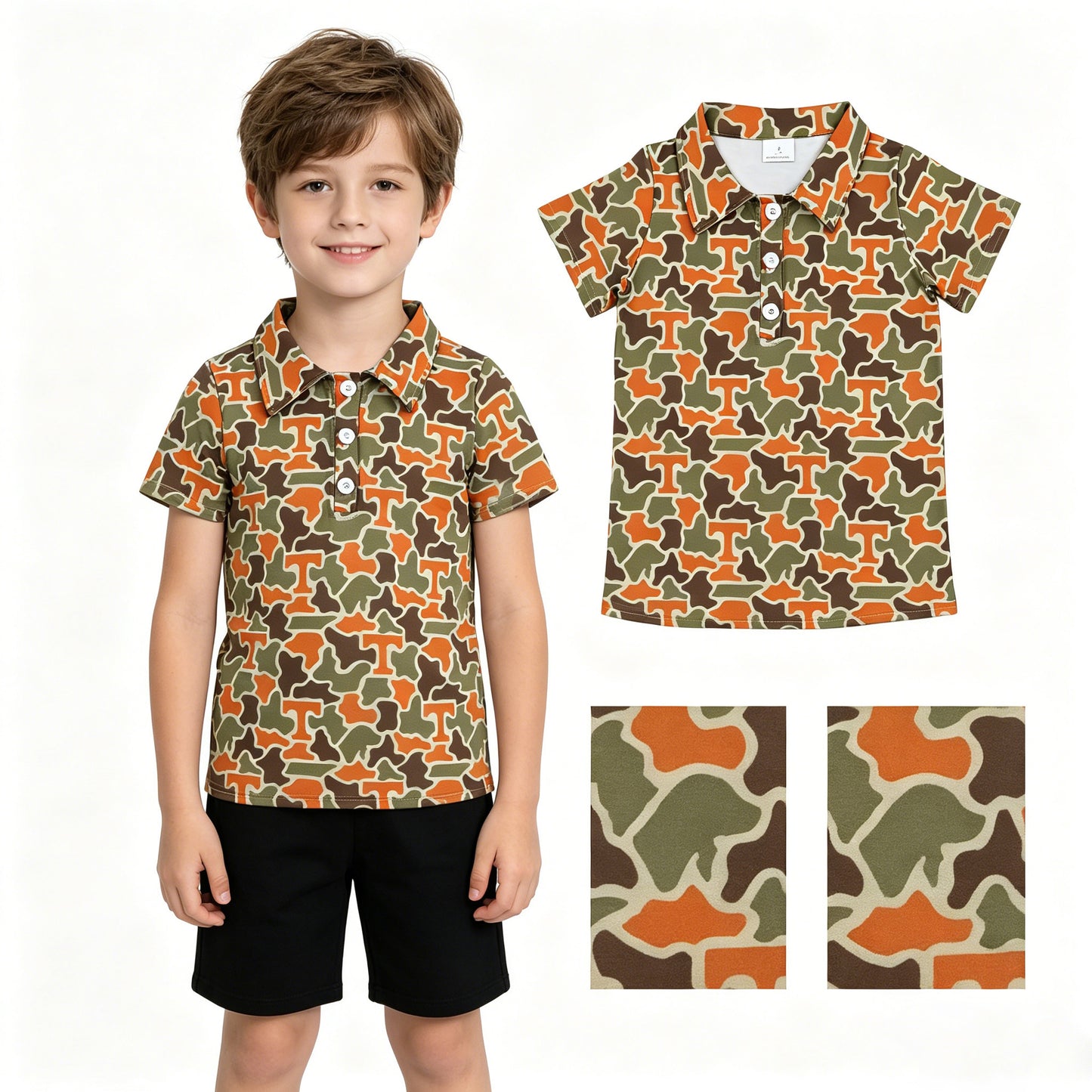BT1696 GO TEAM T Orange Green Camouflage Polo Short Sleeve Boys Top 202605 RTS