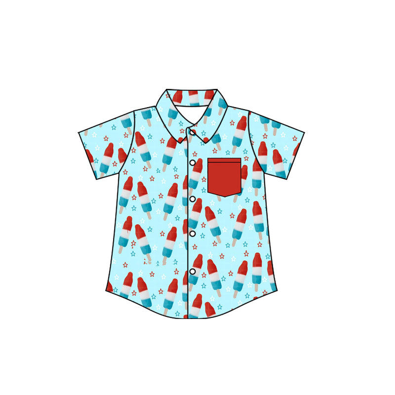 MOQ 5 PCS preorder BT1703 4th of July Ice Cream Star Red Blue Polo Buttons Short Sleeve Boys Top 202601