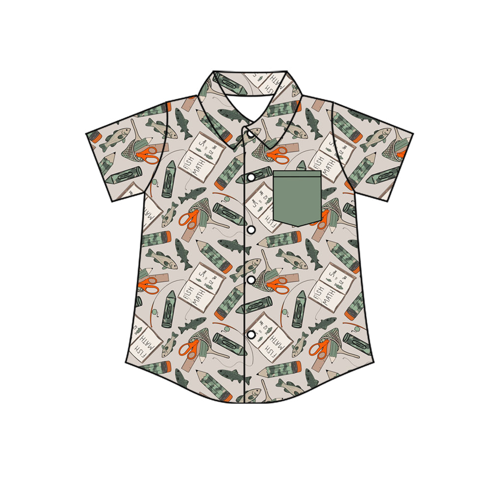 MOQ 5 PCS preorder BT1707 Fish Pencil Books Army Green Polo Buttons Short Sleeve Boys Top 202601