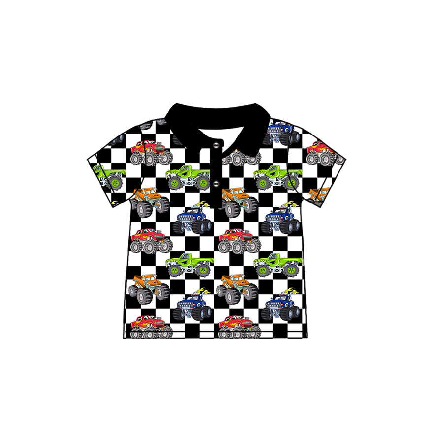 MOQ 5 PCS preorder BT1716 Monster Jam Black White Plaid Polo Short Sleeve Boys Top 202601