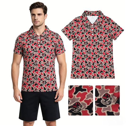 BT1718 Adult Male GO TEAM Bulldog Grey Red Camouflage Polo Buttons Short Sleeve Top 202604 RTS