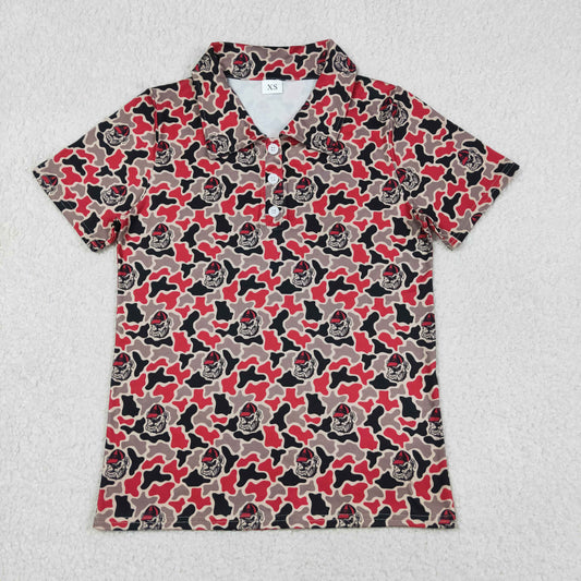 BT1718 Adult Male GO TEAM Bulldog Grey Red Camouflage Polo Buttons Short Sleeve Top 202604 RTS