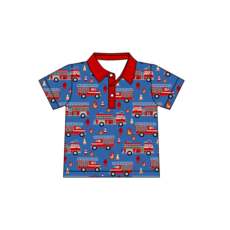 MOQ 5 PCS preorder BT1723 Fire Truck Red Polo Blue Short Sleeve Boys Top 202601