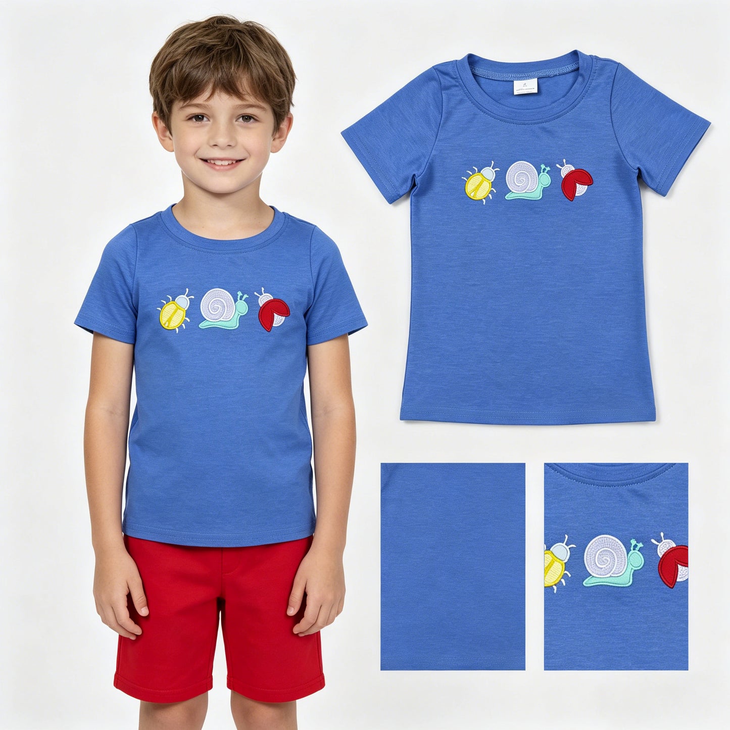 BT1725 Embroidered Snail Insects Blue Short Sleeve Boys Top 202604 RTS