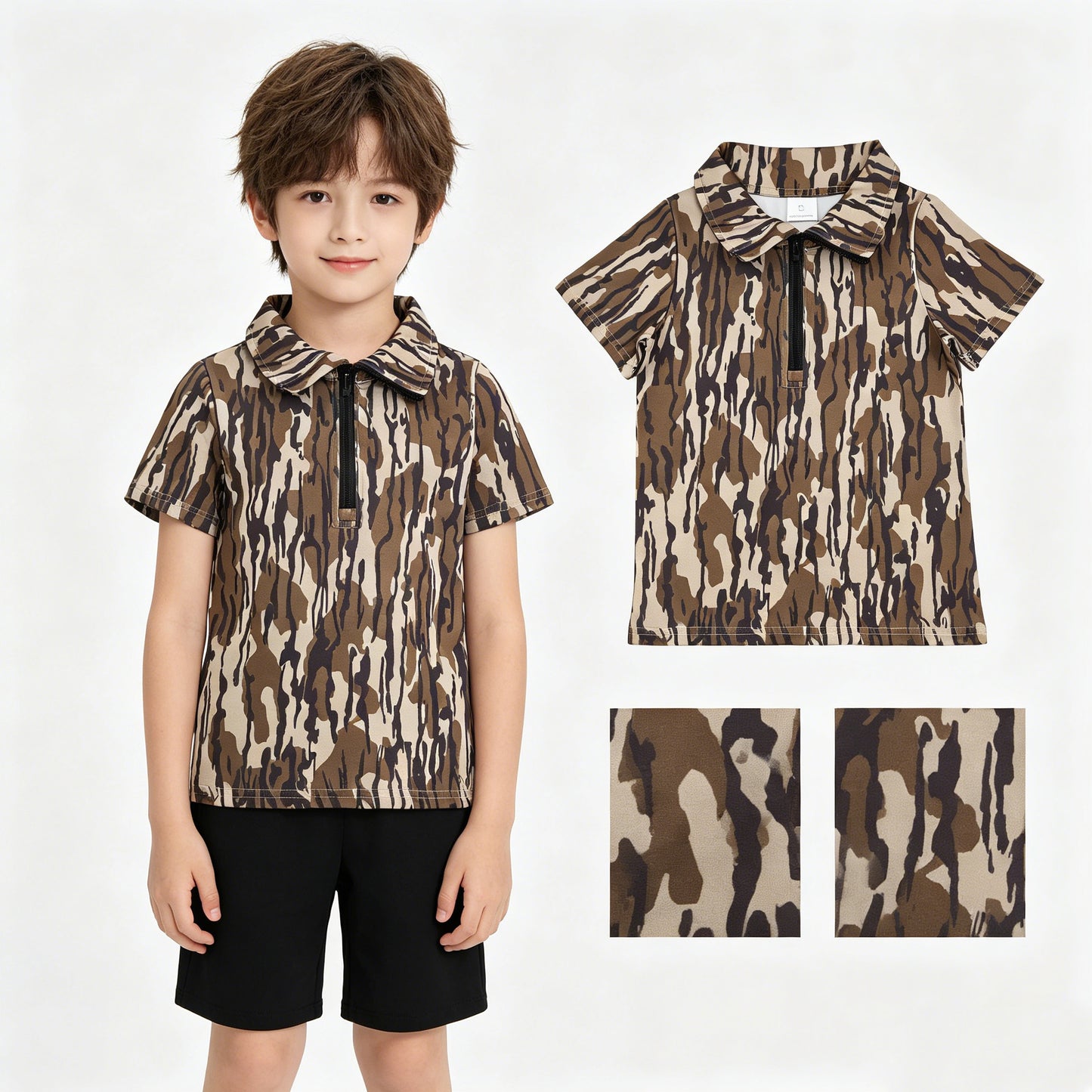 BT1726 Army Green Camouflage Zip Polo Short Sleeve Boys Top 202605 RTS