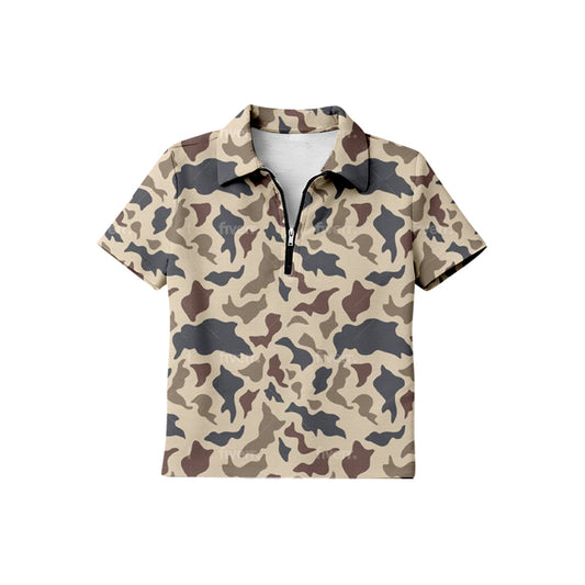 MOQ 5 PCS preorder BT1728 Light Brown Gray Camouflage Zip Polo Short Sleeve Boys Top 202601