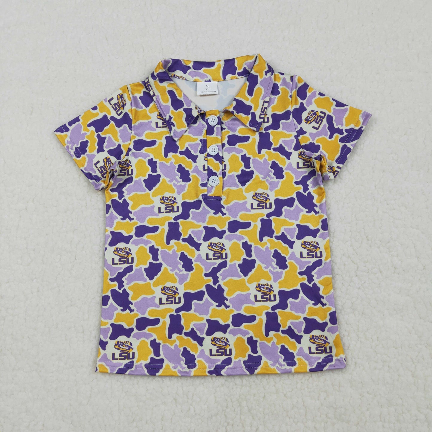 BT1744 GO TEAM LSU Tiger Purple Yellow Camouflage Polo Short Sleeve Boys Top 202603 RTS