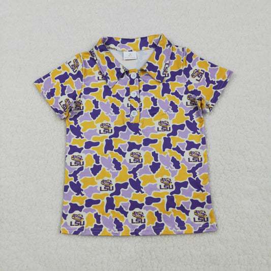 BT1744 GO TEAM LSU Tiger Purple Yellow Camouflage Polo Short Sleeve Boys Top 202603 RTS