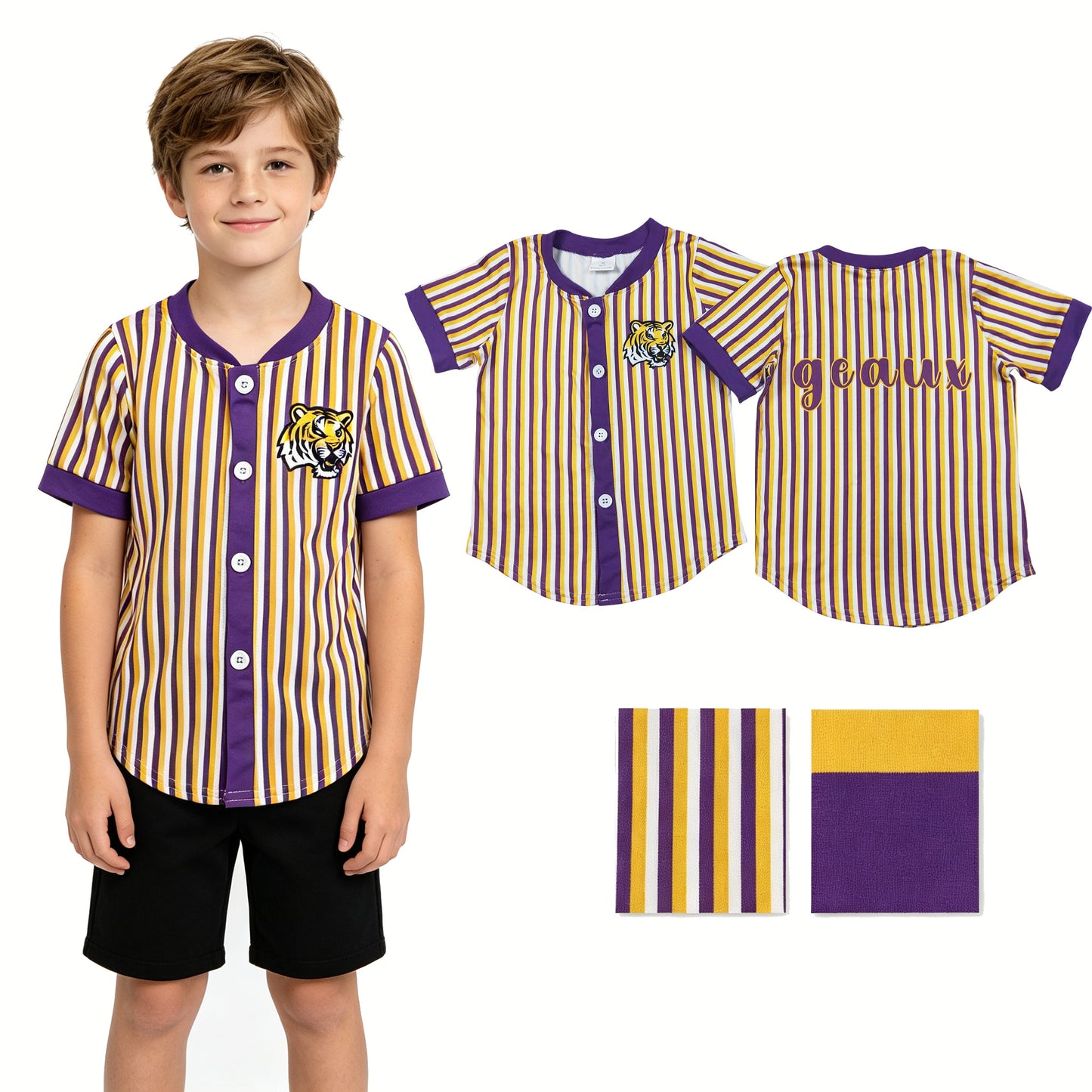 BT1745 GO TEAM Geaux Tiger Purple Yellow Stripe Buttons Short Sleeve Boys Top 202605 RTS