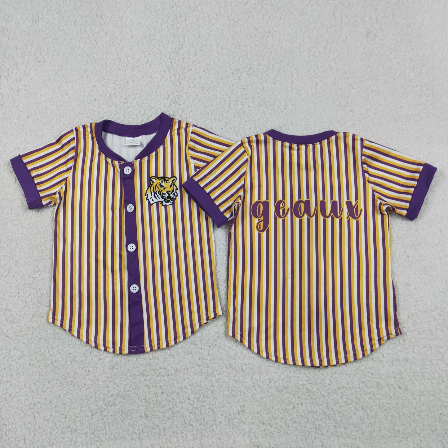 BT1745 GO TEAM Geaux Tiger Purple Yellow Stripe Buttons Short Sleeve Boys Top 202605 RTS