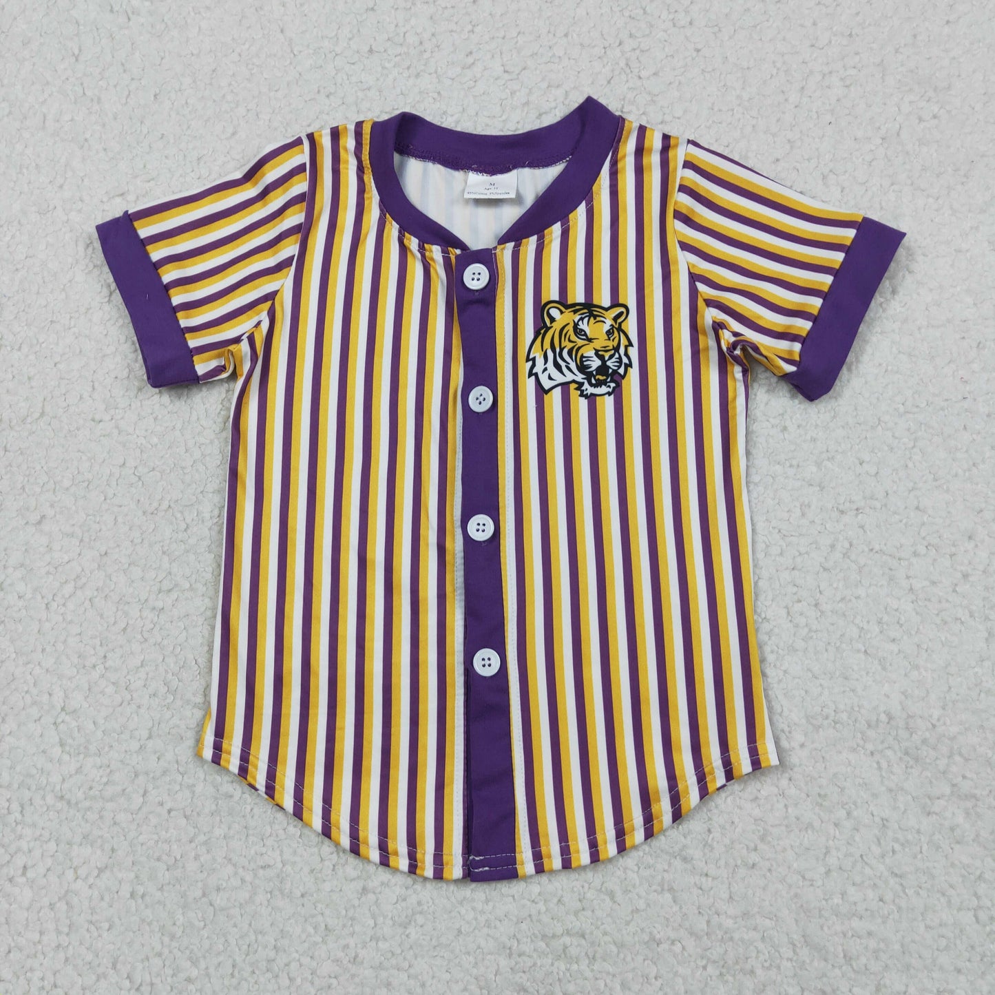 BT1745 GO TEAM Geaux Tiger Purple Yellow Stripe Buttons Short Sleeve Boys Top 202605 RTS