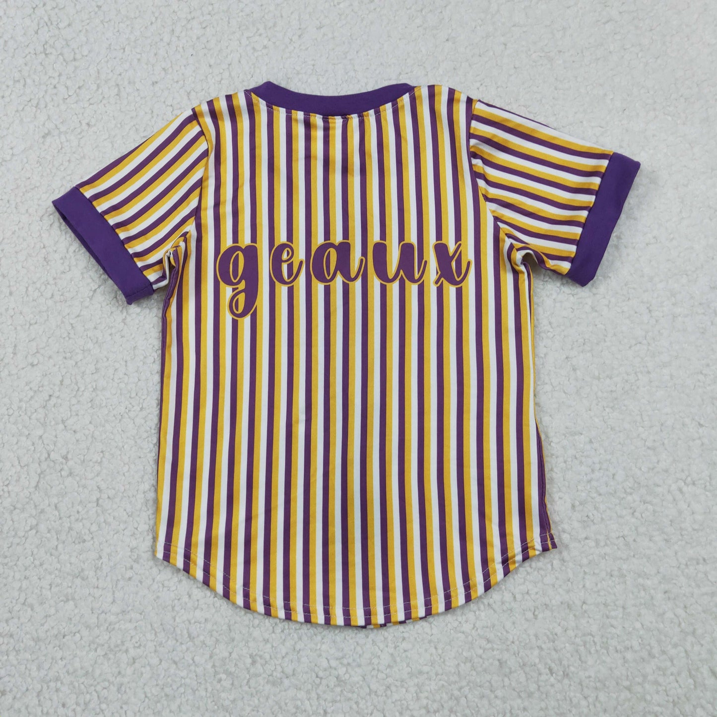BT1745 GO TEAM Geaux Tiger Purple Yellow Stripe Buttons Short Sleeve Boys Top 202605 RTS