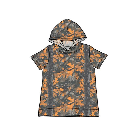 MOQ 5 PCS preorder BT1749 Branch and Leaf Gray Orange Hooded Short Sleeve Boys Top 202603