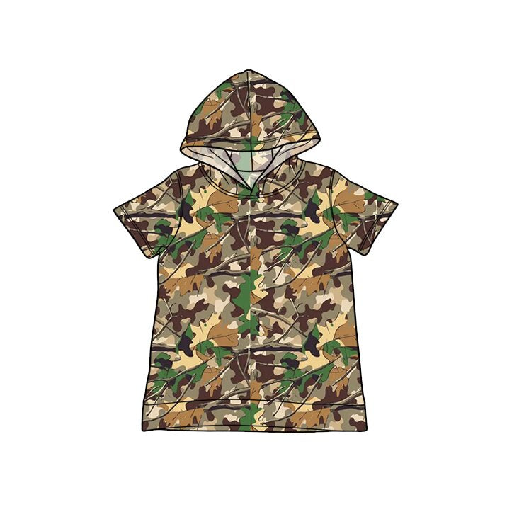 MOQ 5 PCS preorder BT1752 Branch and Leaf Camouflage Brown Green Hooded Short Sleeve Boys Top 202603