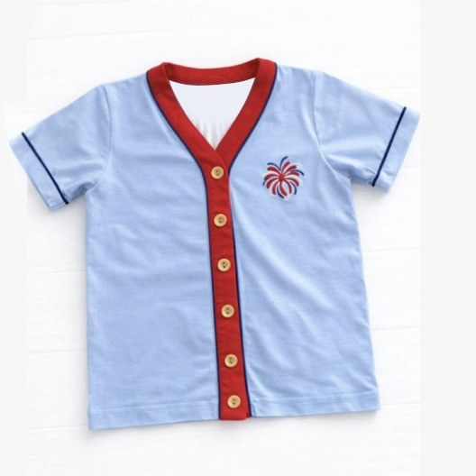 MOQ 5 PCS preorder BT1755 4th of July Fireworks Red Buttons Blue Short Sleeve Boys Top 202603