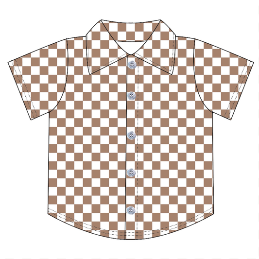 MOQ 5 PCS preorder BT1757 Brown Plaid Polo Buttons Short Sleeve Boys Top 202603