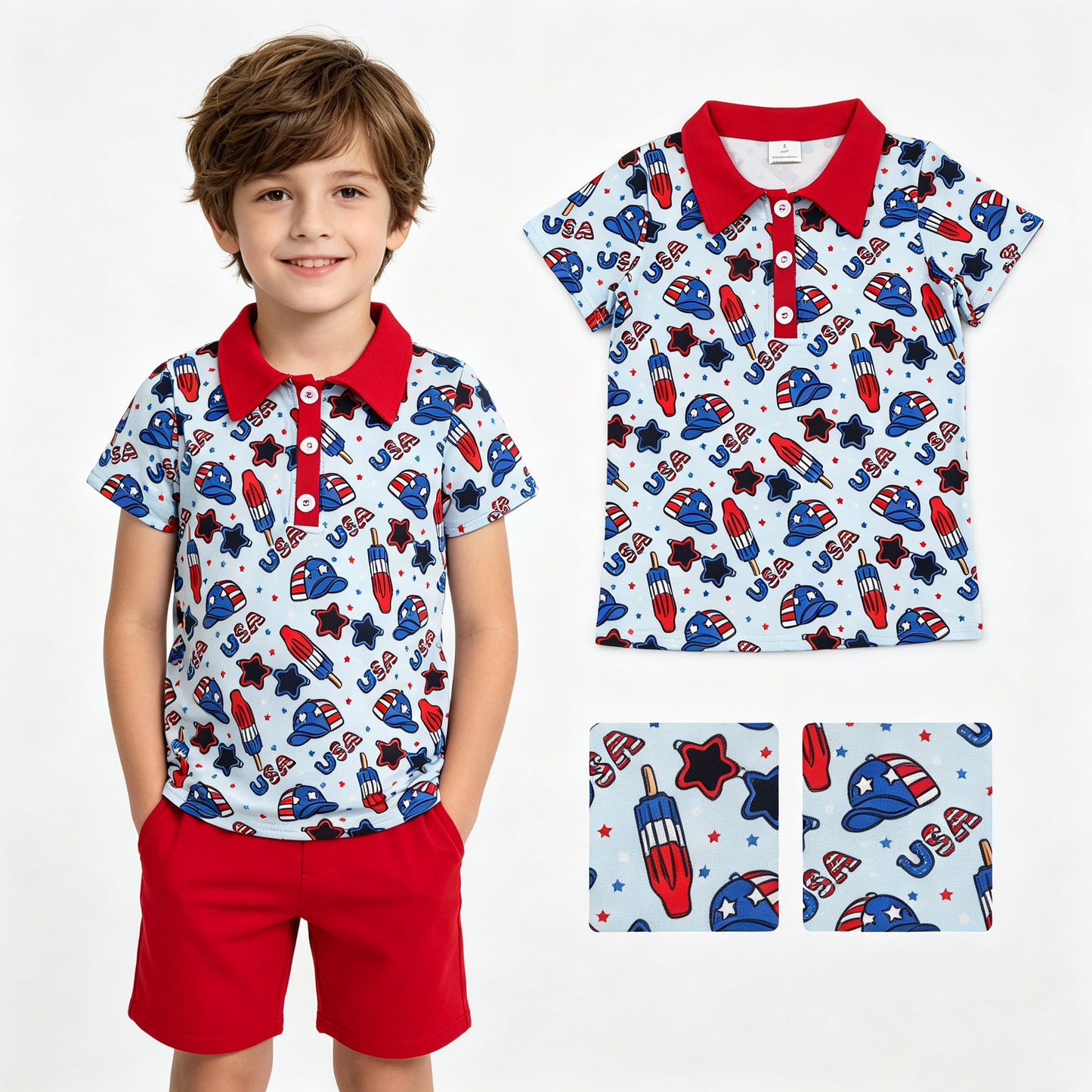 BT1767 4th of July USA Red Polo Short Sleeve Boys Top 202605 RTS