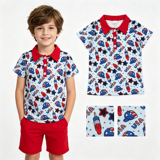 BT1767 4th of July USA Red Polo Short Sleeve Boys Top 202605 RTS