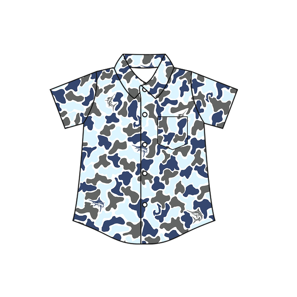 MOQ 5 PCS preorder BT1783 Shark Pattern Blue Camouflage Buttons Polo Short Sleeve Boys Top 202604