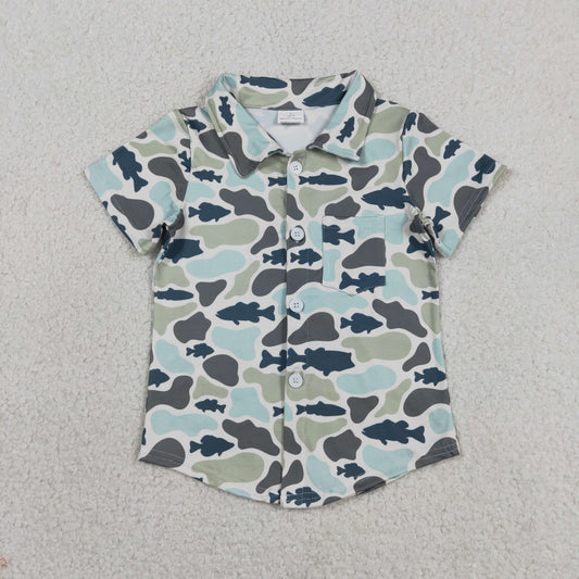 BT1787 Green Fish Pattern Camouflage Polo Buttons Short Sleeve Boys Top T-shirts 202605 RTS