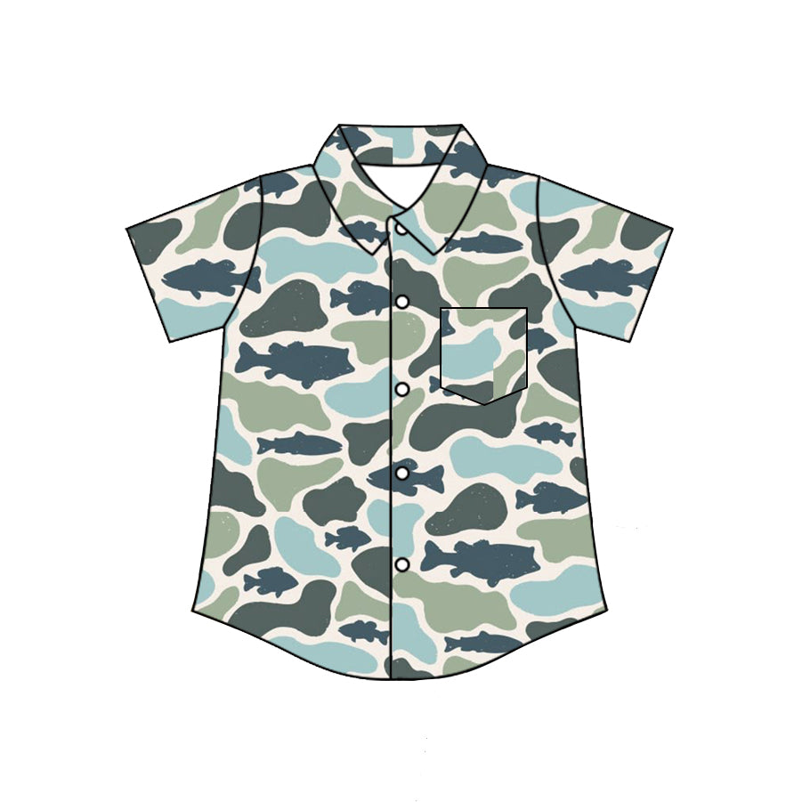 MOQ 5 PCS preorder BT1787 Fish Pattern Blue Green Camouflage Buttons Polo Short Sleeve Boys Top 202604