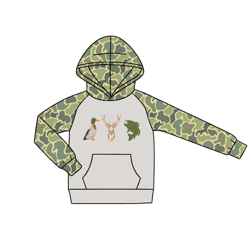 MOQ 5 PCS preorder BT1803 Duck Deer Fish Beige Green Camouflage Pocket Hooded Long Sleeve Boys Top 202604