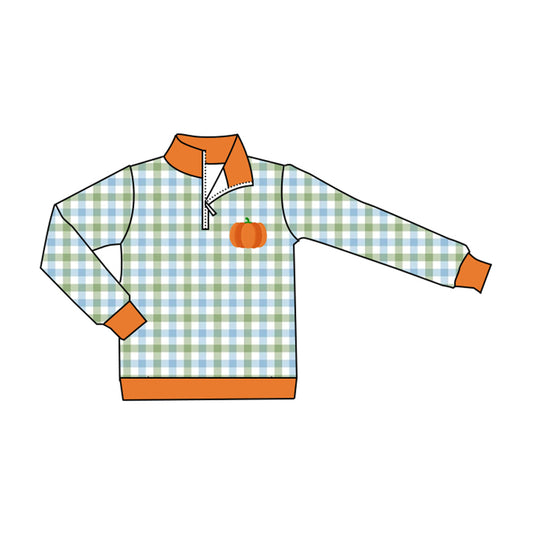 MOQ 5 PCS preorder BT1819 Pumpkin Blue Green Plaid Orange Zip Collar Long Sleeve Boys Top 202604