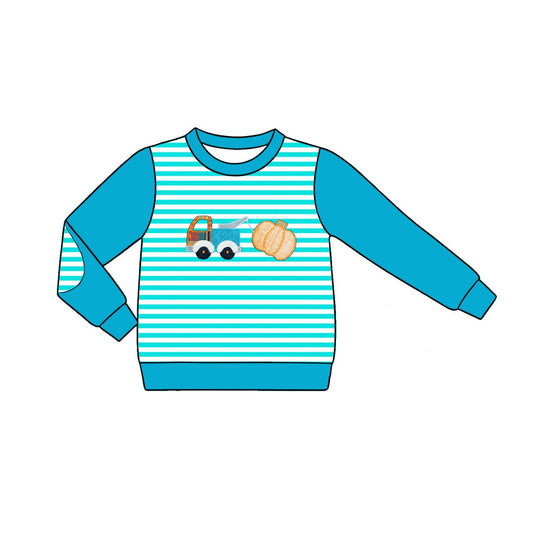 MOQ 5 PCS preorder BT1820 Pumpkin Trucks Lake Blue Stripe Long Sleeve Boys Top 202604