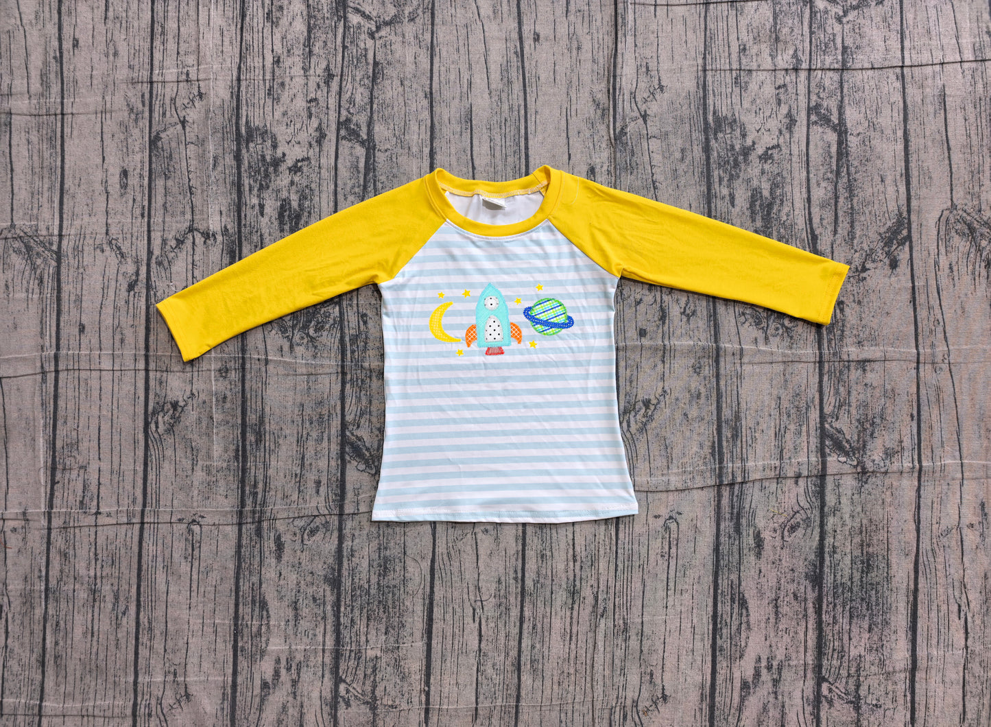 NO MOQ preorder BT1831 Embroidered Moon Rocket Blue Stripe Yellow Long Sleeve Boys Top 202606