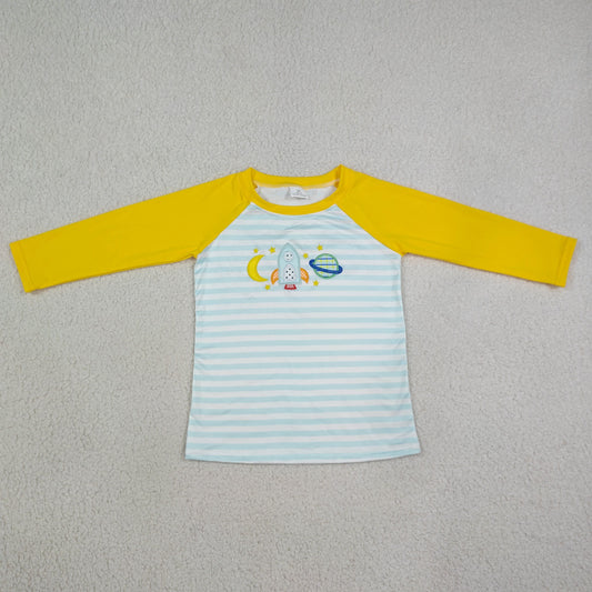 BT1831 Embroidered Moon Rocket Blue Stripe Yellow Long Sleeve Boys Top 202608 RTS
